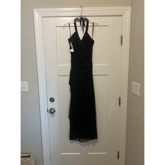 New Vintage Betsy & David Glitter Halter Mesh Formal Gown Black Sheath Long Y2K - Picture 7 of 10